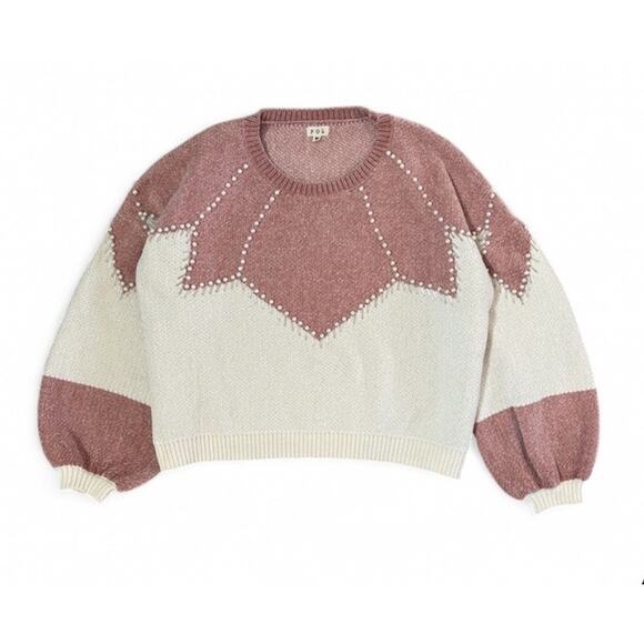 POL Sweaters - POL Pink White Knit Women’s Sweater Beaded Pearl Details Size M